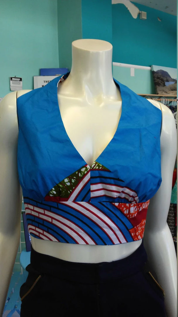 Tidal Cool Tops And Ponchos Flirty Ankara Midriff Halter In Blue African Wax Block Cotton