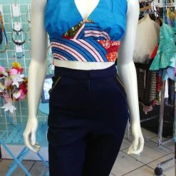 Tidal Cool Tops And Ponchos Flirty Ankara Midriff Halter In Blue African Wax Block Cotton