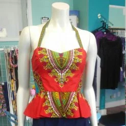 Tidal Cool Reversible Pin Up Halter With Fitted Bodice And Flirty Peplum In Red African Dashiki Print Neckties, Vests, Pocket Squares And Cummerbunds