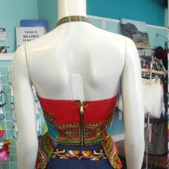 Tidal Cool Reversible Pin Up Halter With Fitted Bodice And Flirty Peplum In Red African Dashiki Print Neckties, Vests, Pocket Squares And Cummerbunds