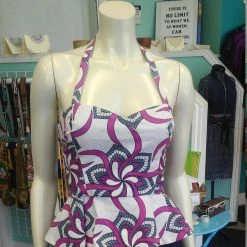 Tidal Cool Neckties, Vests, Pocket Squares And Cummerbunds Reversible Pin Up Halter With Fitted Bodice And Flirty Peplum In Purple And White Ankara