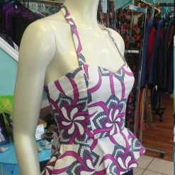 Tidal Cool Neckties, Vests, Pocket Squares And Cummerbunds Reversible Pin Up Halter With Fitted Bodice And Flirty Peplum In Purple And White Ankara