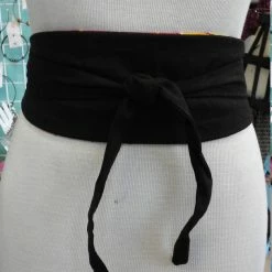 Tidal Cool Reversible African Kente Cloth And Black Linen Obi Belt