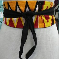 Tidal Cool Reversible African Kente Cloth And Black Linen Obi Belt