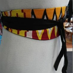 Tidal Cool Reversible African Kente Cloth And Black Linen Obi Belt