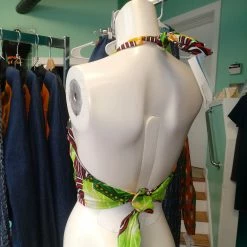 Tidal Cool African Wax Block Ankara Halter Crop Top In Lime Green Print