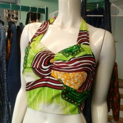 Tidal Cool African Wax Block Ankara Halter Crop Top In Lime Green Print