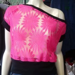 Tidal Cool Off Shoulder Slouch Sweatshirt In Neon Pink Lace And Black Cuffs Tops And Ponchos
