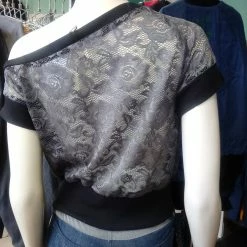 Tidal Cool Tops And Ponchos Off Shoulder Slouch Sweatshirt In Grey Floral Lace And Black Cuffs