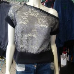 Tidal Cool Tops And Ponchos Off Shoulder Slouch Sweatshirt In Grey Floral Lace And Black Cuffs