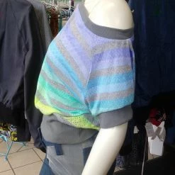 Tidal Cool Off Shoulder Slouch Sweatshirt In Lightweight Marine And Grey Striped Knit Tops And Ponchos