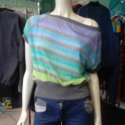 Tidal Cool Off Shoulder Slouch Sweatshirt In Lightweight Marine And Grey Striped Knit Tops And Ponchos