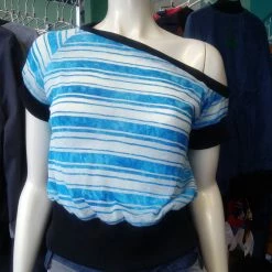 Tidal Cool Off Shoulder Slouch Sweatshirt In Lightweight Blue Ombre Stripe With Black Cuffs Tops And Ponchos