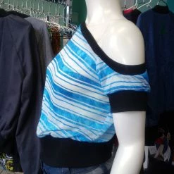 Tidal Cool Off Shoulder Slouch Sweatshirt In Lightweight Blue Ombre Stripe With Black Cuffs Tops And Ponchos