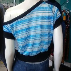 Tidal Cool Off Shoulder Slouch Sweatshirt In Lightweight Blue Ombre Stripe With Black Cuffs Tops And Ponchos
