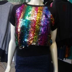 Tidal Cool Bomber Jackets Rainbow Sequin Color Shift Pullover Top