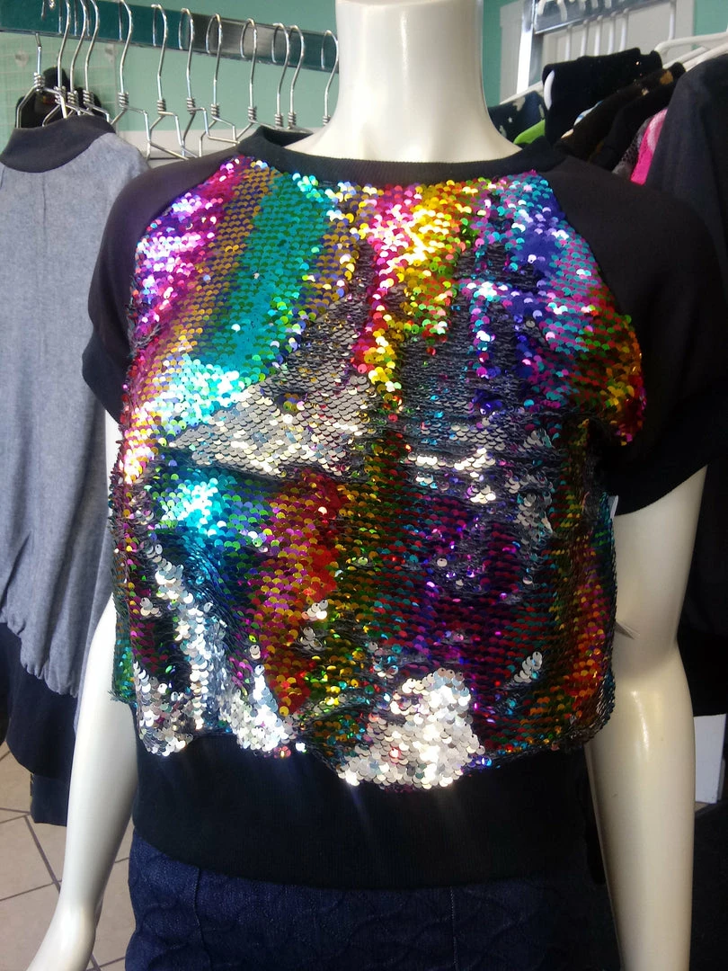 Tidal Cool Bomber Jackets Rainbow Sequin Color Shift Pullover Top