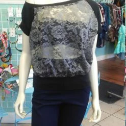 Tidal Cool Tops And Ponchos Off Shoulder Slouch Sweatshirt In Grey Floral Lace And Black Cuffs