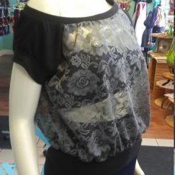 Tidal Cool Tops And Ponchos Off Shoulder Slouch Sweatshirt In Grey Floral Lace And Black Cuffs