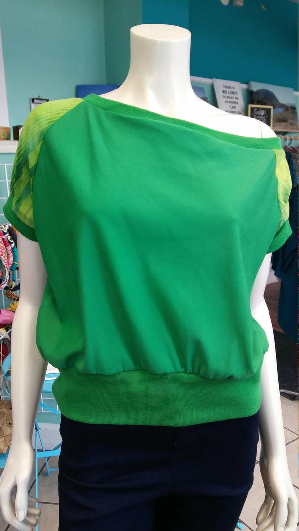 Tidal Cool Off Shoulder Slouch Sweatshirt In Green Scuba Knit With Ombre Striped Sleeves Tops And Ponchos