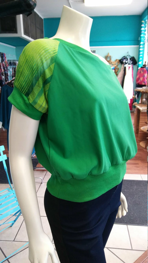 Tidal Cool Off Shoulder Slouch Sweatshirt In Green Scuba Knit With Ombre Striped Sleeves Tops And Ponchos