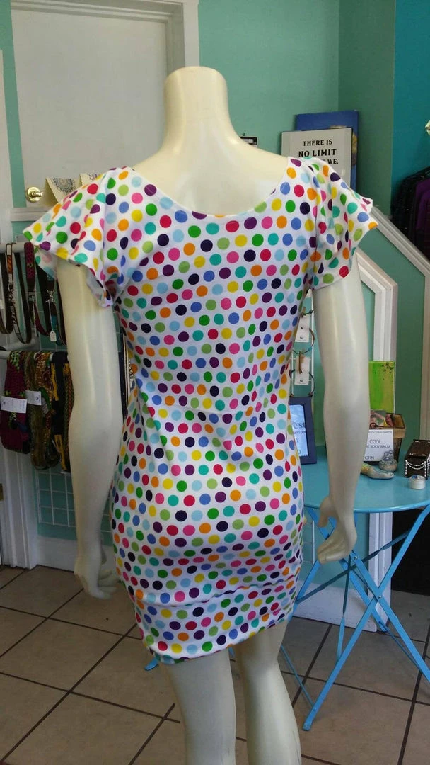Tidal Cool Sherbet Colored Polka Dot Knit Dress With Flutter Sleeves And Fitted Shape Dresses