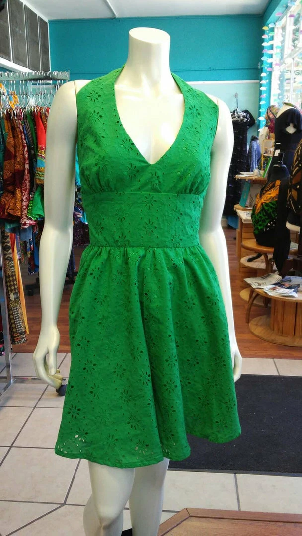 Tidal Cool Flirty Halter Sundress In Green Cotton Eyelet Lace Dresses