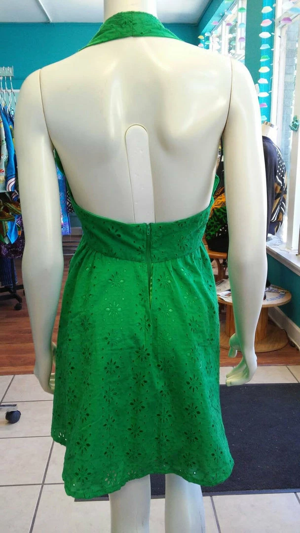 Tidal Cool Flirty Halter Sundress In Green Cotton Eyelet Lace Dresses