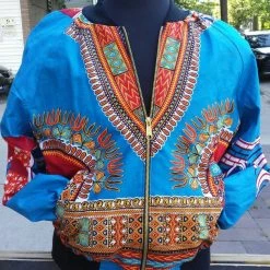 Tidal Cool Bomber Jackets Blue And Red Dashiki Unisex Bomber Jacket, Fully Reversible To Denim And Black