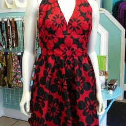 Tidal Cool Dresses Flirty Halter Ankara Sundress In Bold Red And Black African Wax Block Cotton
