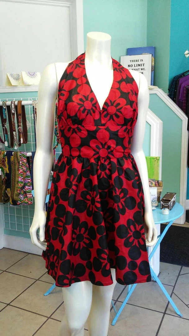 Tidal Cool Dresses Flirty Halter Ankara Sundress In Bold Red And Black African Wax Block Cotton