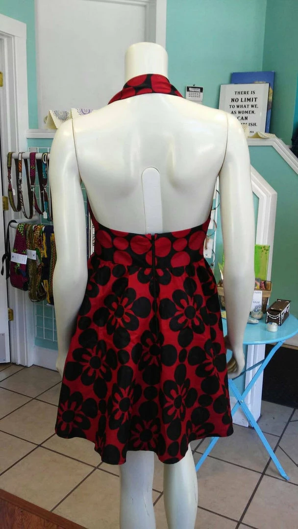 Tidal Cool Dresses Flirty Halter Ankara Sundress In Bold Red And Black African Wax Block Cotton