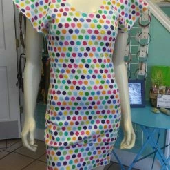Tidal Cool Sherbet Colored Polka Dot Knit Dress With Flutter Sleeves And Fitted Shape Dresses