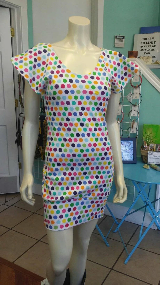 Tidal Cool Sherbet Colored Polka Dot Knit Dress With Flutter Sleeves And Fitted Shape Dresses