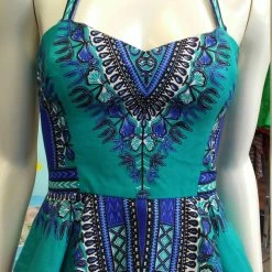 Tidal Cool Neckties, Vests, Pocket Squares And Cummerbunds Reversible Pin Up Halter With Fitted Bodice And Flirty Peplum In Teal And Blue Dashiki Print