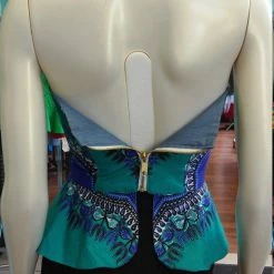 Tidal Cool Neckties, Vests, Pocket Squares And Cummerbunds Reversible Pin Up Halter With Fitted Bodice And Flirty Peplum In Teal And Blue Dashiki Print