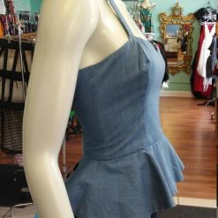 Tidal Cool Neckties, Vests, Pocket Squares And Cummerbunds Reversible Pin Up Halter With Fitted Bodice And Flirty Peplum In Teal And Blue Dashiki Print