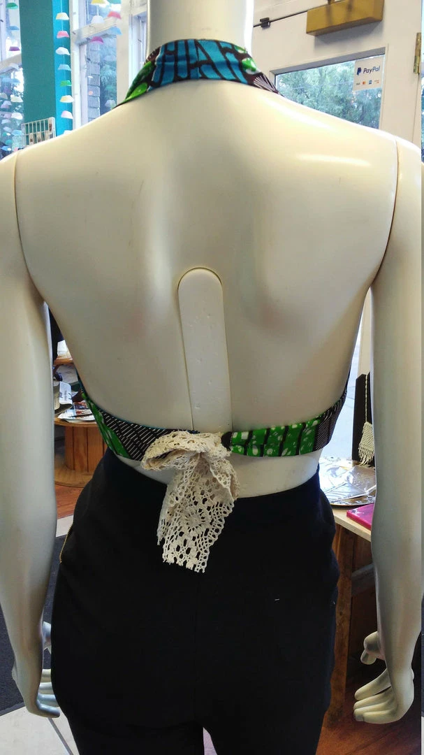 Tidal Cool Flirty Ankara Midriff Halter In Green And Brown African Wax Cotton Tops And Ponchos