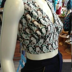 Tidal Cool Flirty Midriff Halter In Owl Print Cotton