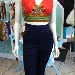 Tidal Cool Flirty Red Ankara Midriff Halter In African Wax Block Java Dashiki Cotton