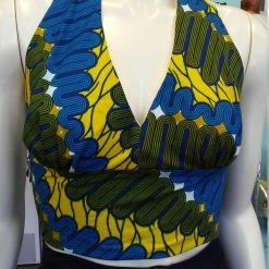 Tidal Cool Flirty Ankara Midriff Halter In Yellow And Blue African Wax Cotton Tops And Ponchos