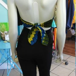 Tidal Cool Flirty Ankara Midriff Halter In Yellow And Blue African Wax Cotton Tops And Ponchos