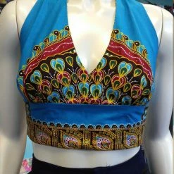 Tidal Cool Reversible Flirty Ankara Midriff Halter In African Peacock Dashiki Print