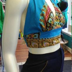 Tidal Cool Reversible Flirty Ankara Midriff Halter In African Peacock Dashiki Print