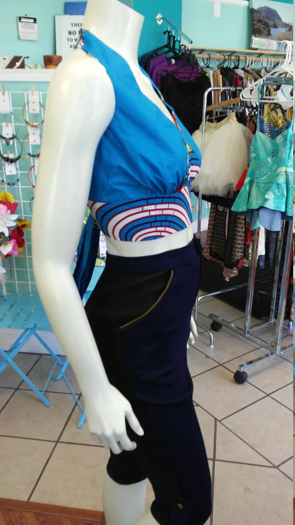 Tidal Cool Tops And Ponchos Flirty Ankara Midriff Halter In Blue African Wax Block Cotton