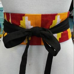 Tidal Cool Reversible African Kente Cloth And Black Linen Obi Belt