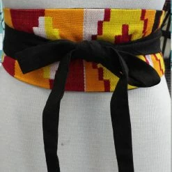 Tidal Cool Reversible African Kente Cloth And Black Linen Obi Belt