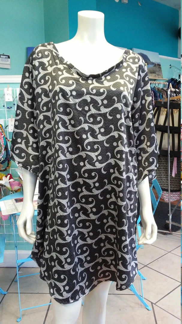Tidal Cool Silky Flutter Sleeve Tunic Dress With Shirttail Hem In Silver And Black