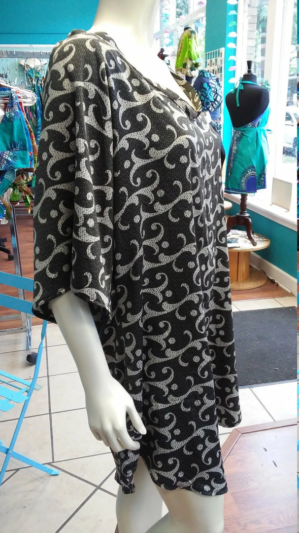 Tidal Cool Silky Flutter Sleeve Tunic Dress With Shirttail Hem In Silver And Black