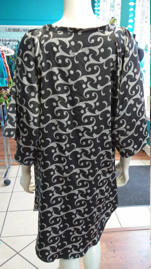 Tidal Cool Silky Flutter Sleeve Tunic Dress With Shirttail Hem In Silver And Black